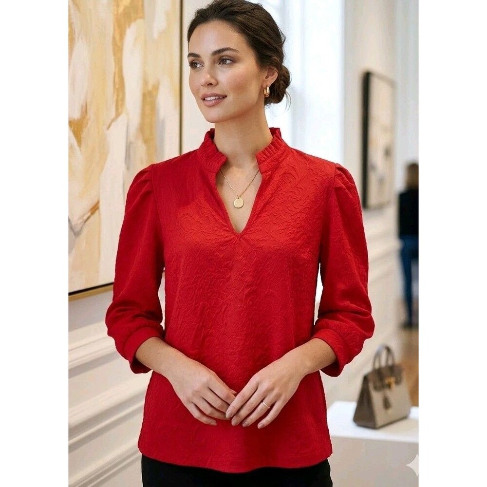 Crown & Ivy Red Blouse Womens Sz  PXL  Ruffle Neck 3/4 Puff Sleeve V-NeckTop